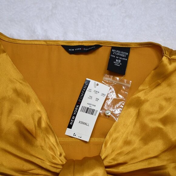 New York & Co Satin Blouse XS Draped Mustard Whimsigoth Holiday Party Cocktail - Picture 10 of 15